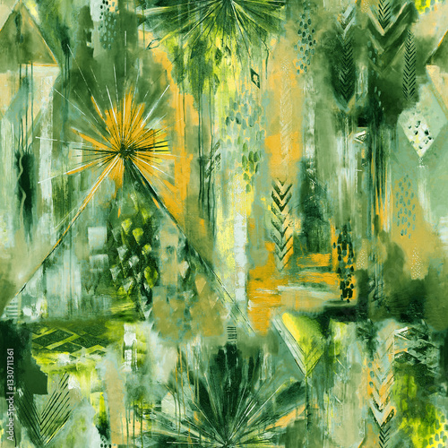 Verdant abstract jungle pattern. Seamless, expressive design with botanical and geometric elements. Perfect for fabric, prints, & more.