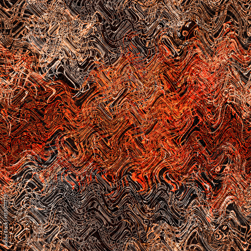 Ember wave distortion pattern. Seamless, dynamic design with distorted wave lines and warm ember tones. Perfect for fabric, prints, & more.