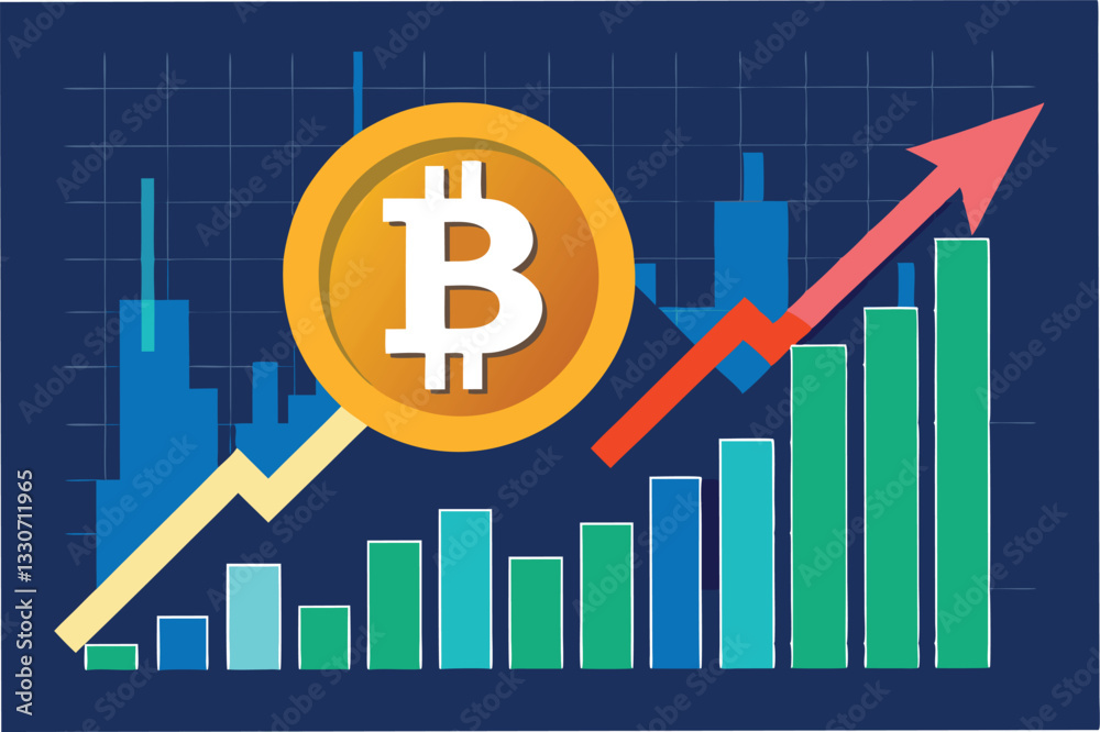 Bitcoin symbol overlaid on rising bar chart with arrows, illustrating financial growth and investment trends in a modern design Bitcoin symbol overlaid on rising bar chart with arrows, illustrating financial growth and investment trends in a modern design