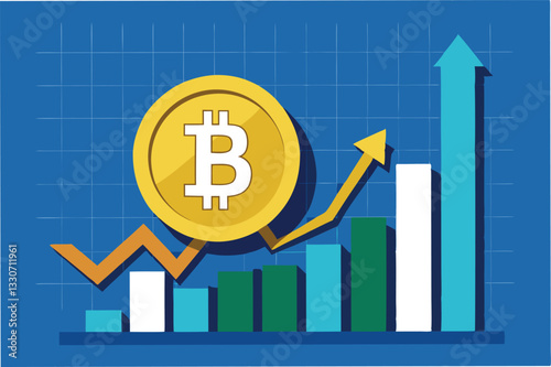 Bitcoin symbol overlaid on rising bar chart with arrows, illustrating financial growth and investment trends in a modern design