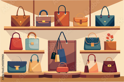 Stylish collection of various handbags displayed on shelves in a modern boutique setting