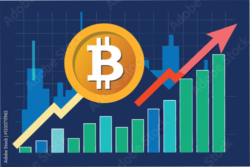Bitcoin symbol overlaid on rising bar chart with arrows, illustrating financial growth and investment trends in a modern design