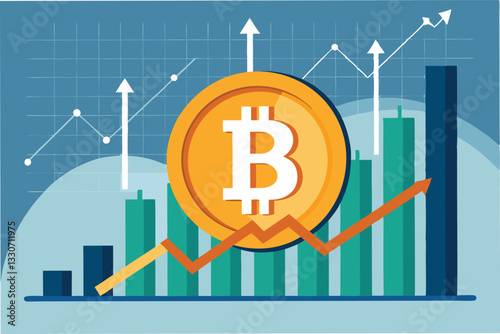 Bitcoin symbol overlaid on rising bar chart with arrows, illustrating financial growth and investment trends in a modern design