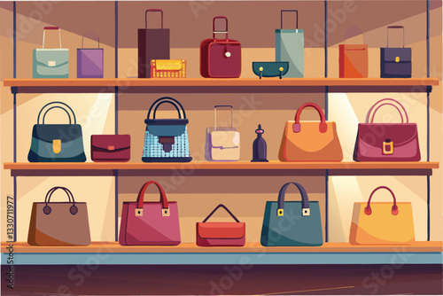 Stylish collection of various handbags displayed on shelves in a modern boutique setting