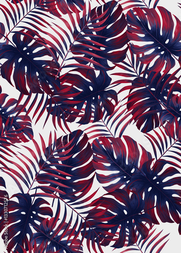 Crimson tropic foliage pattern. Seamless, vibrant tropical foliage design with deep crimson and blue tones. Perfect for fabric, prints, & more.