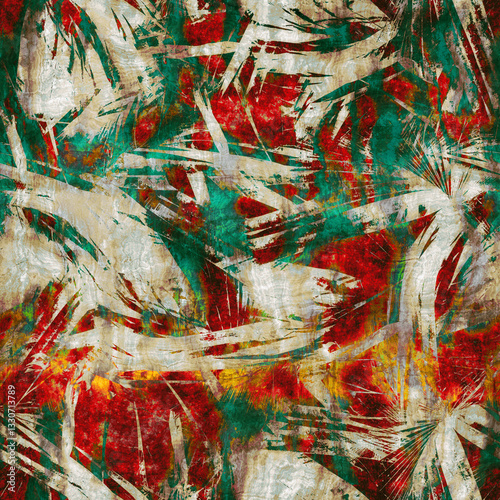 Fragmented tropic burst pattern. Seamless, dynamic design with fragmented tropical elements and distressed texture. Perfect for fabric, prints, & more.