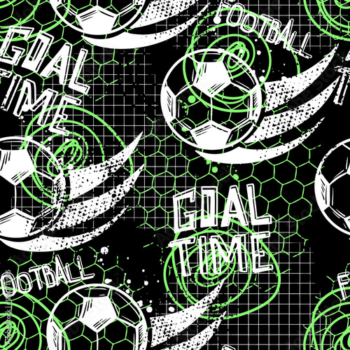 Goal time football frenzy pattern. Seamless, dynamic sports design with football elements. Perfect for fabric, prints, & more.