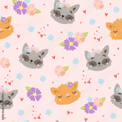 Whimsical raccoon blooms pattern. Seamless, cute animal design with raccoons and flowers. Perfect for children's products, fabric, prints, & more.