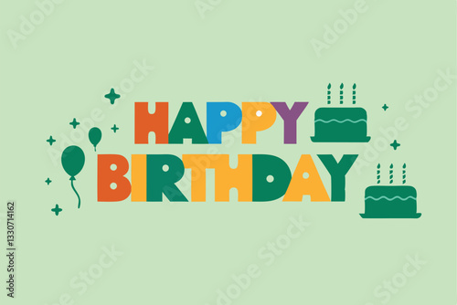 happy birthday greeting card with colorful letters cake and balloons for kids party celebration