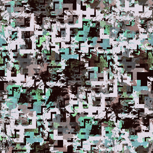 Pixel glitch camo pattern. Seamless, abstract design with pixelated camouflage and glitch effects. Perfect for fabric, prints, & more.