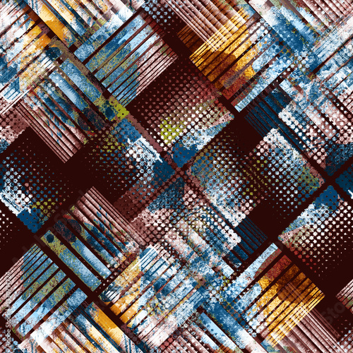Azure grid fragment pattern. Seamless, abstract geometric design with grid and fragmented elements in azure tones. Perfect for fabric, prints, & more.