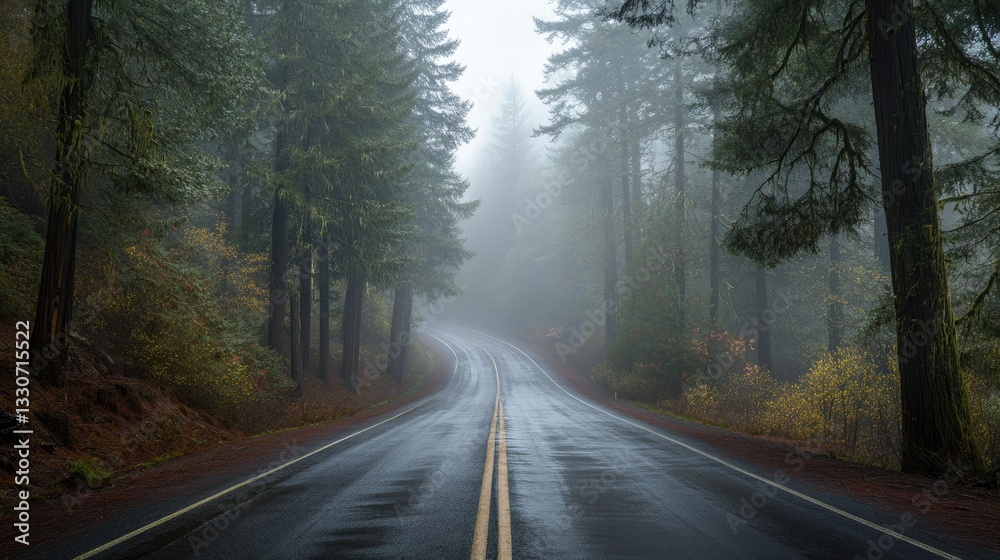 Fototapeta premium A foggy forest road with towering evergreens on both sides, creating a mysterious atmosphere
