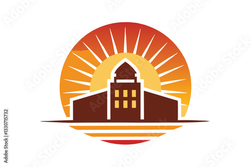 Creative vector illustration of a government building with sun rising behind it, symbolizing growth and hope in a community