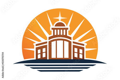 Creative vector illustration of a government building with sun rising behind it, symbolizing growth and hope in a community