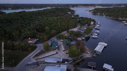 Drone. A river with small houses. Missouri, Ozark. Drone flight, 4K