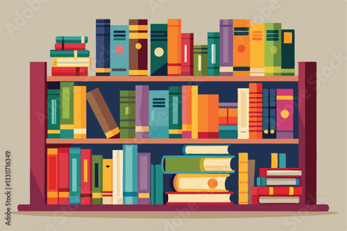 Colorful vector illustration of a bookshelf filled with various books in a warm setting suitable for educational and creative purposes