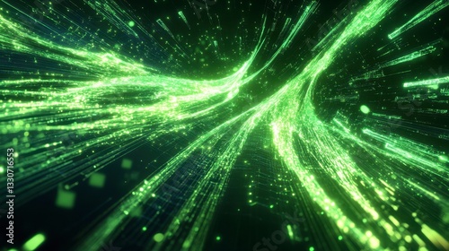 Abstract Green Light Trails with Glowing Particles and Energy Flow