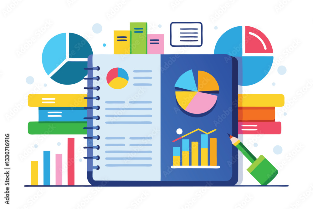 Illustration of a notebook filled with colorful charts and graphs surrounded by books and data visuals in a bright, engaging workspace