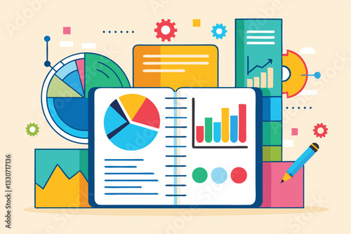 Illustration of a notebook filled with colorful charts and graphs surrounded by books and data visuals in a bright, engaging workspace