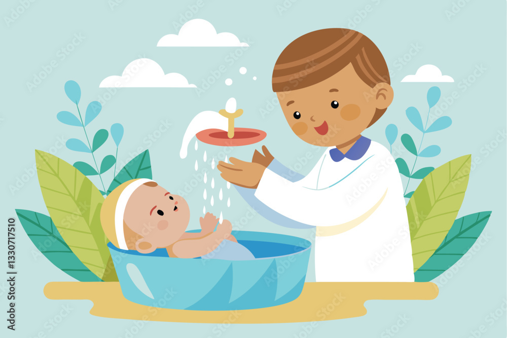 Illustration of a caregiver gently bathing a joyful child in a water basin with playful bubbles in a cheerful, colorful setting Illustration of a caregiver gently bathing a joyful child in a water basin with playful bubbles in a cheerful, colorful setting
