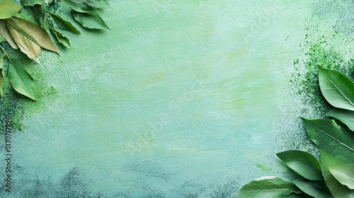 Green botanical arrangement framing empty turquoise textured surface, highlighting natural design potential with minimalist organic composition