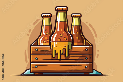 Bottles of refreshing beverage in a wooden crate with dripping foam on a bright yellow background