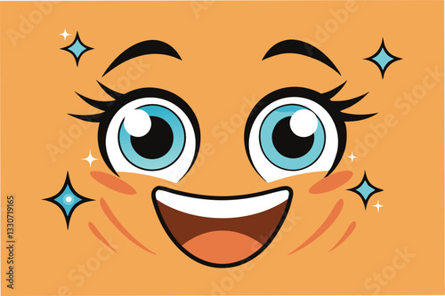 Bright and cheerful vector illustration of a happy face with sparkling eyes and a wide smile, perfect for conveying joy and positivity in designs
