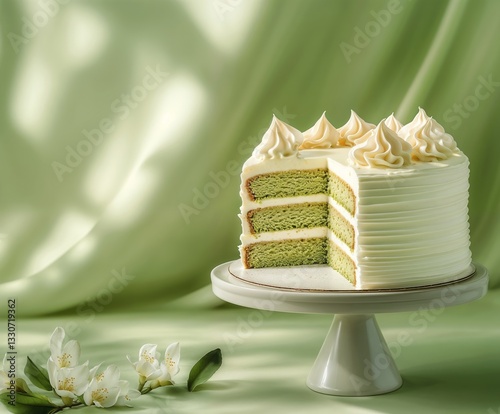 Matcha Green Tea Cake with White Frosting, Japanese Dessert Served on a White Ceramic Cake Stand.