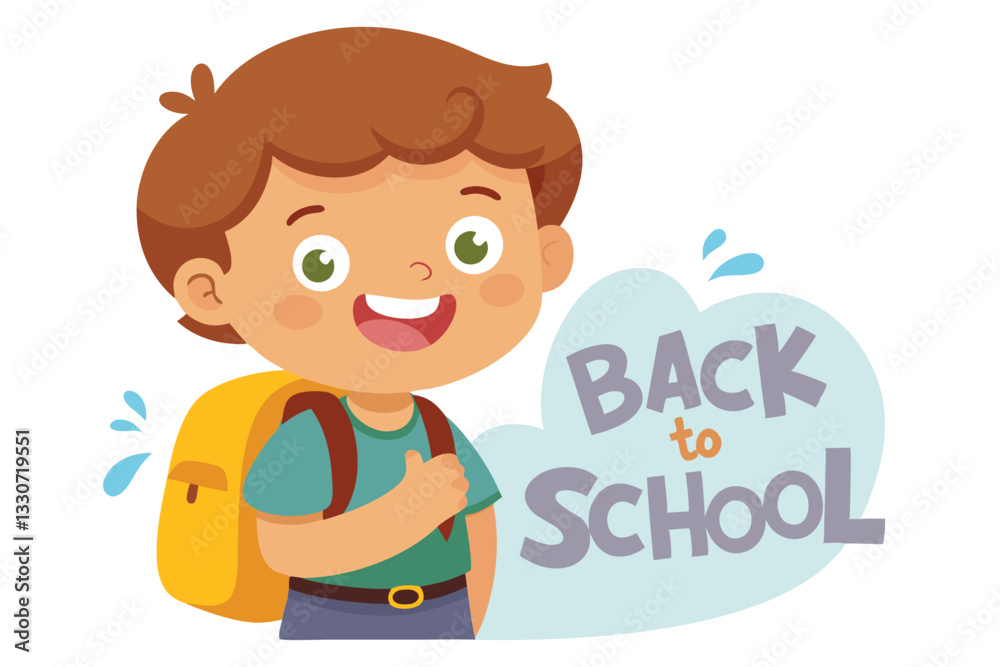 Cheerful young boy excited for new school year with backpack and colorful back to school text in a bright vector illustration Cheerful young boy excited for new school year with backpack and colorful back to school text in a bright vector illustration