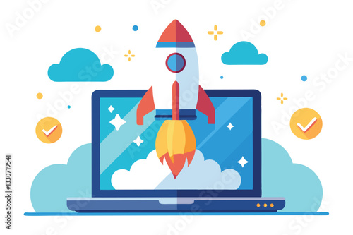 Rocket launching from a laptop screen symbolizes innovation and technology in digital space exploration