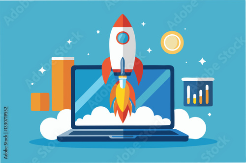 Rocket launching from a laptop screen symbolizes innovation and technology in digital space exploration