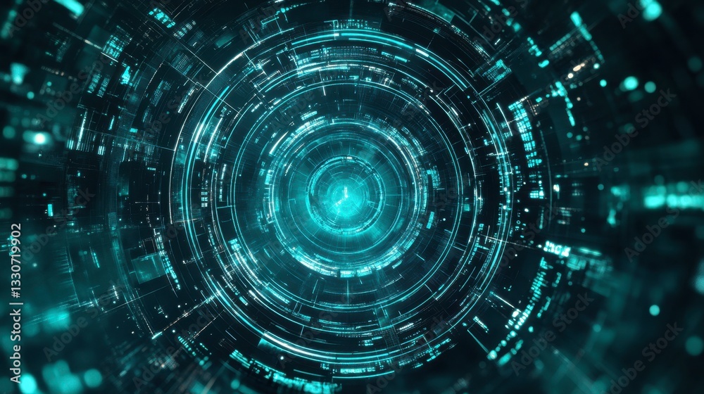 Sci-fi inspired circular interface with blue and green glitch effects, computer-generated digital background. Sci-fi inspired circular interface with blue and green glitch effects, computer-generated digital background.