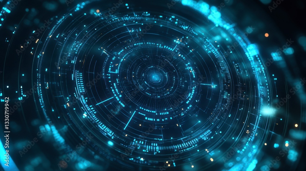Sci-fi inspired circular interface with blue and green glitch effects, computer-generated digital background. Sci-fi inspired circular interface with blue and green glitch effects, computer-generated digital background.