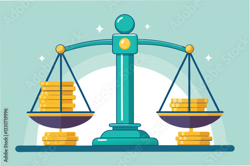 Concept of financial balance with money scales and coins illustrating the importance of wealth equality in an economic environment