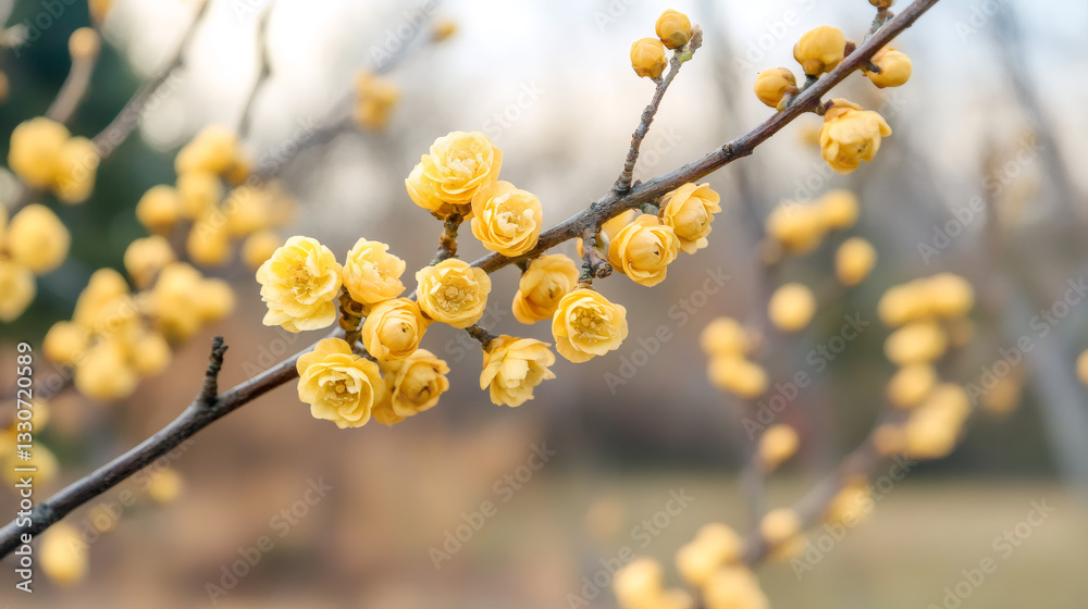 Wintersweet branch featuring delicate yellow blossoms, highlighting intricate floral details against soft background