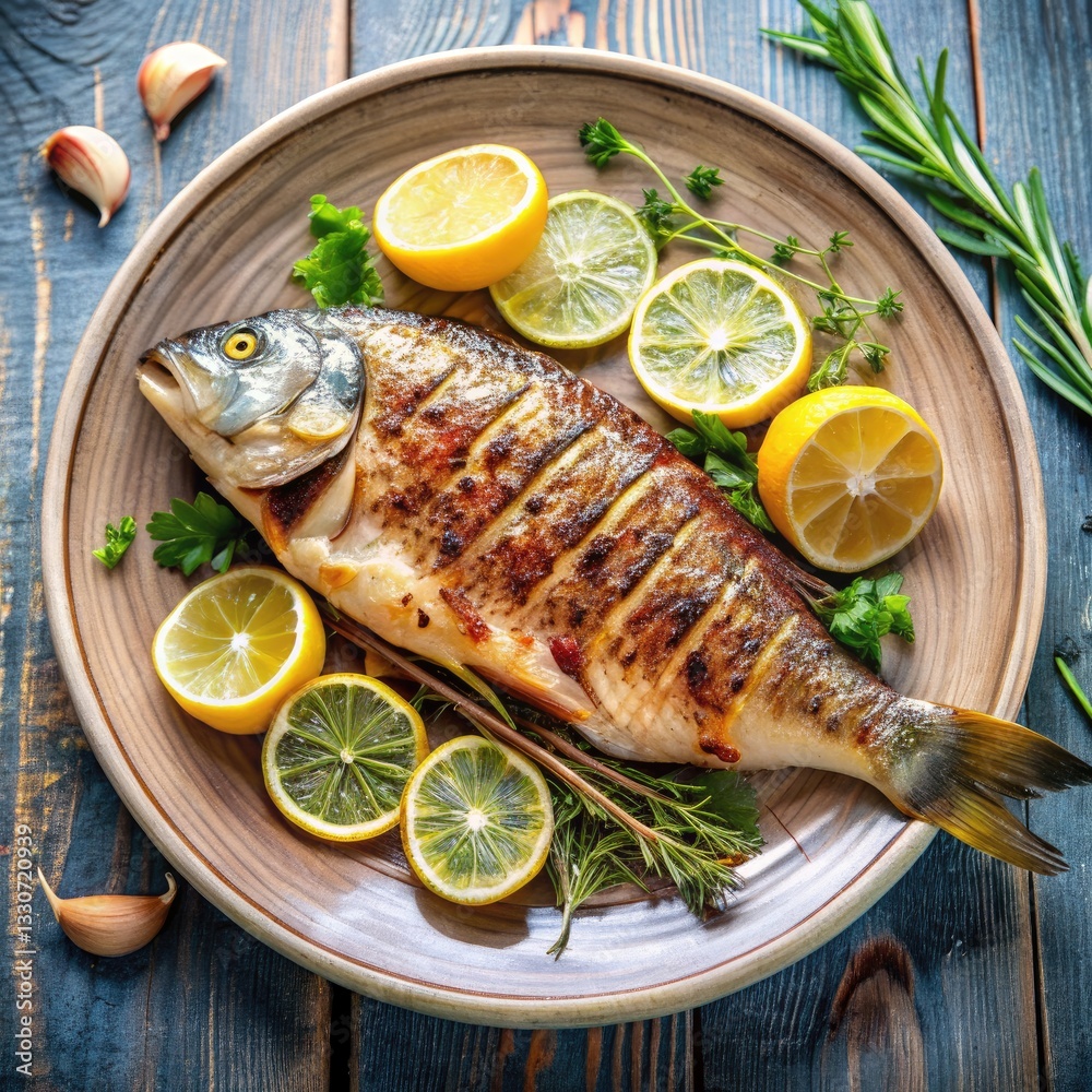 Grilled Fish With Lemon and Herbs on a Wooden Table. Generative AI Grilled Fish With Lemon and Herbs on a Wooden Table. Generative AI