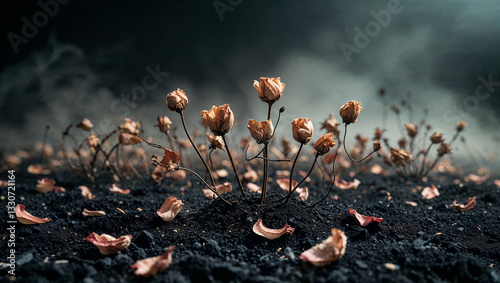 A group of dried flowers in cracked black soil, their petals scattered under a moody, foggy sky. The image conveys a sense of silent desolation, beauty in decay, and poetic melancholy.