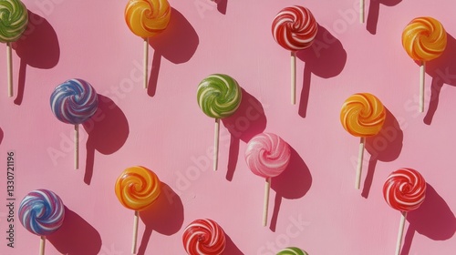 Top view of scattered rainbow lollipops on a pastel pink background, creating a playful composition.