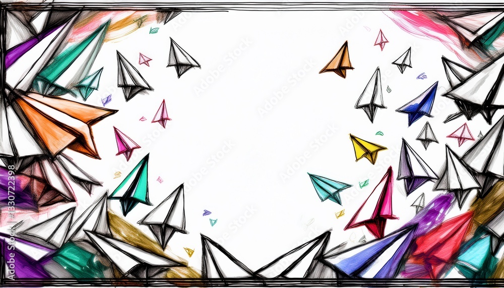Fototapeta premium abstract border frame of colorful paper airplane drawing background with copy space
