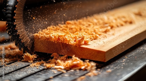Wood plank being planed by machine, sawdust in motion