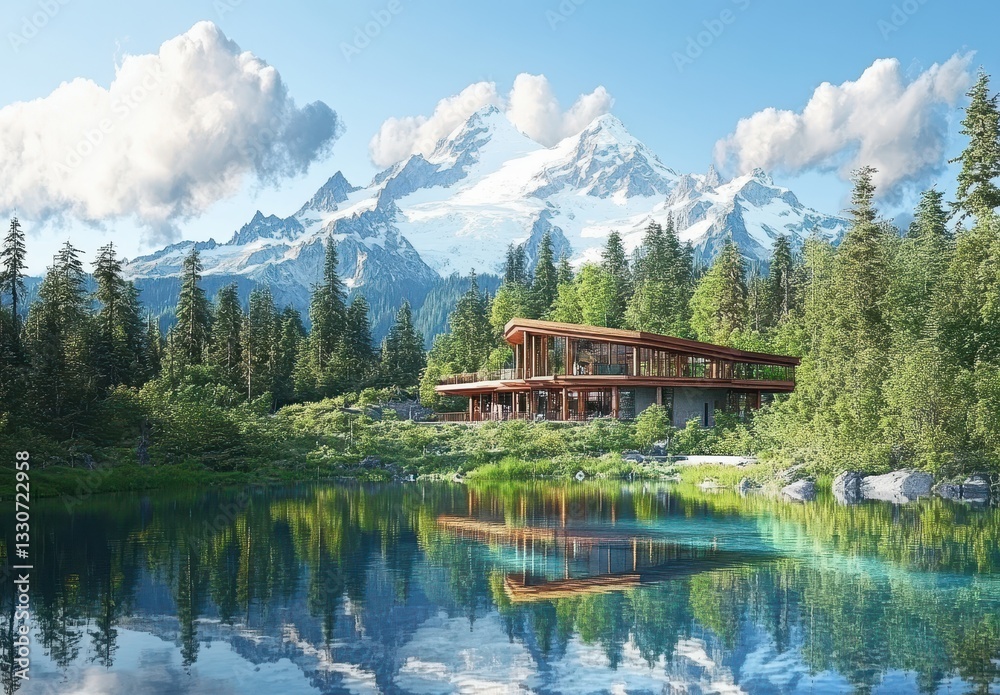 Fototapeta premium Modern architectural building by serene lake with majestic mountains in background showcasing nature's beauty and tranquil landscape in bright daylight