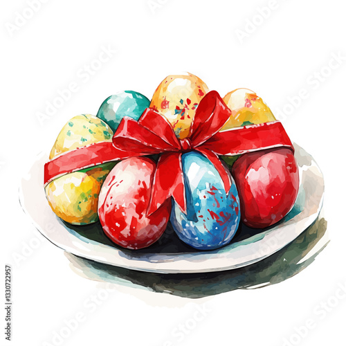 Watercolor big Fresh Colored Eggs with red ribbon on plate Front View. Traditional Persian New Year Colored Eggs, isolated on a white background. Nowruz vector design set