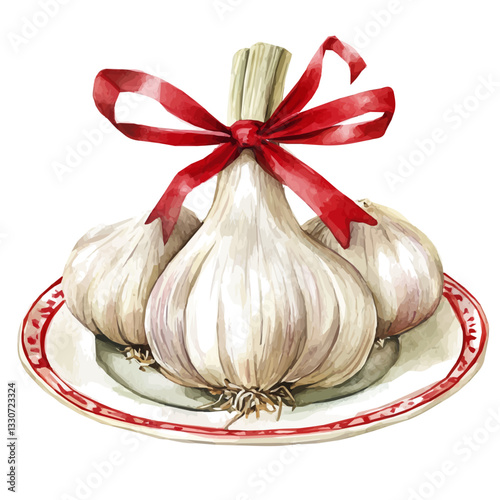 Watercolor big Fresh Garlic with red ribbon on plate Front View. Traditional Persian New Year Garlic, isolated on a white background. Nowruz vector design set