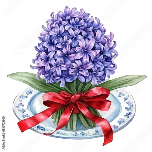 Watercolor big Fresh Hyacinth with red ribbon on plate Front View. Traditional Persian New Year Hyacinth, isolated on a white background. Nowruz vector design set