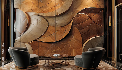 photo of a wall panel in a luxurious interior. the wall panel is made of voluminous convex elements of elegant shape. veneer of various exotic woods is used.