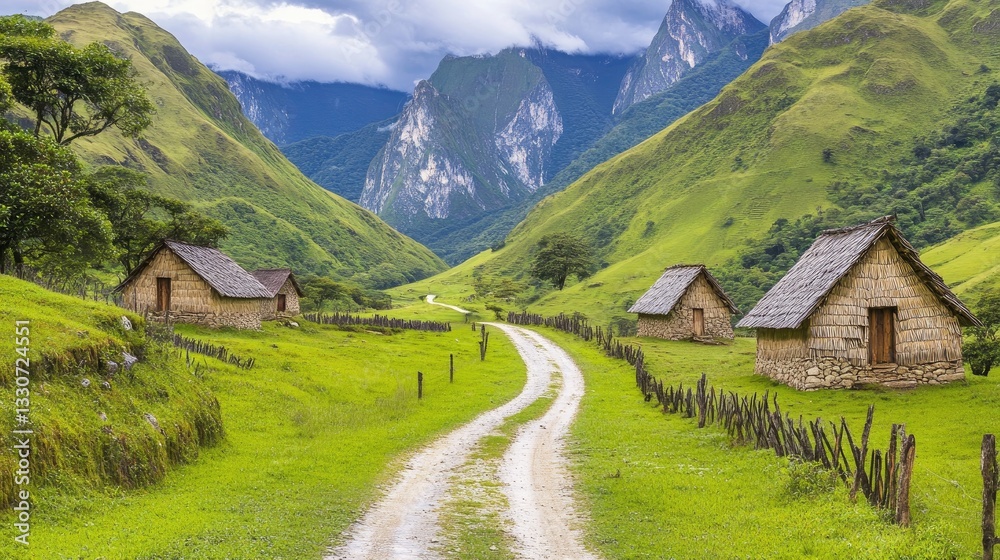 Fototapeta premium A road along a lush green valley with small wooden cottages scattered on both sides