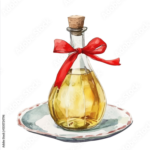 Watercolor big Fresh Vinegar with red ribbon on plate Front View. Traditional Persian New Year Vinegar, isolated on a white background. Nowruz vector design set