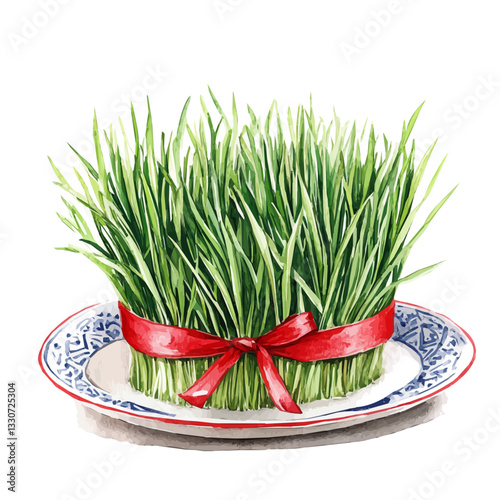 Watercolor big Fresh Wheatgrass with red ribbon on plate Front View. Traditional Persian New Year Wheatgrass, isolated on a white background. Nowruz vector design set