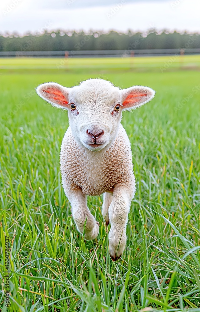 Obraz premium A young lamb running freely in a green field with tall grass3