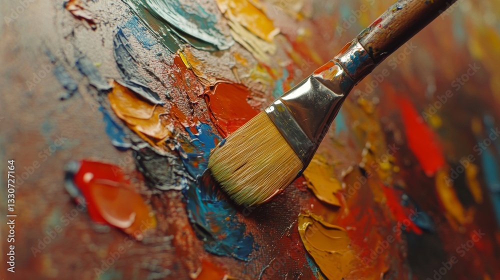 Obraz premium Paintbrush Applying Thick Oil Paints To Canvas